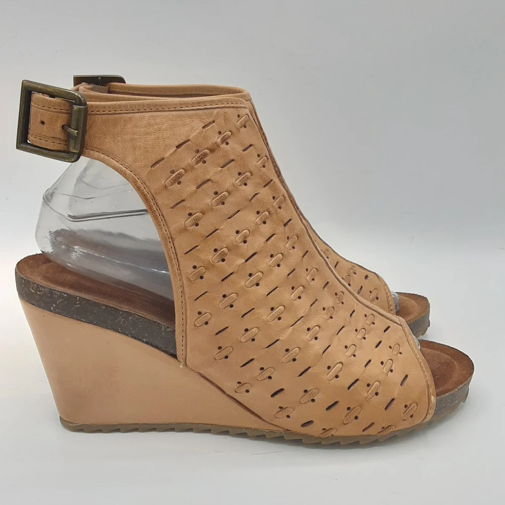 Diba True Leather Boho Tan Perforated Wedge Sandals.